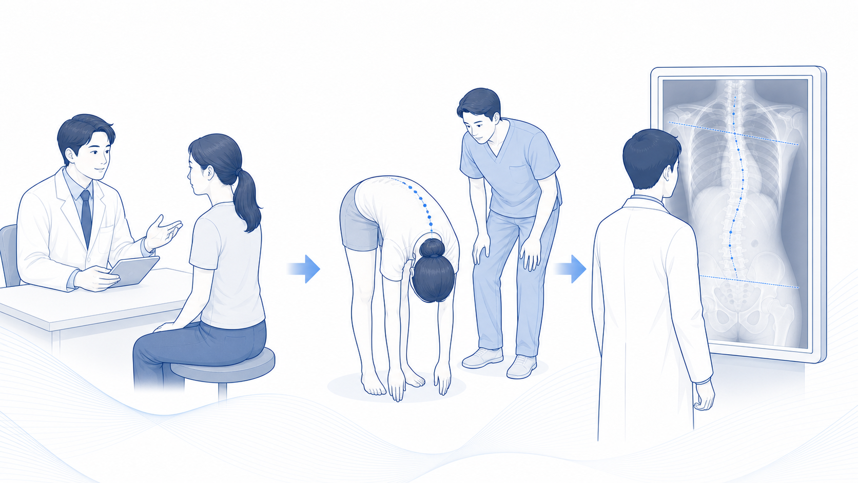 문진과 전방 굴곡 검사, 방사선 영상 확인 과정 이미지